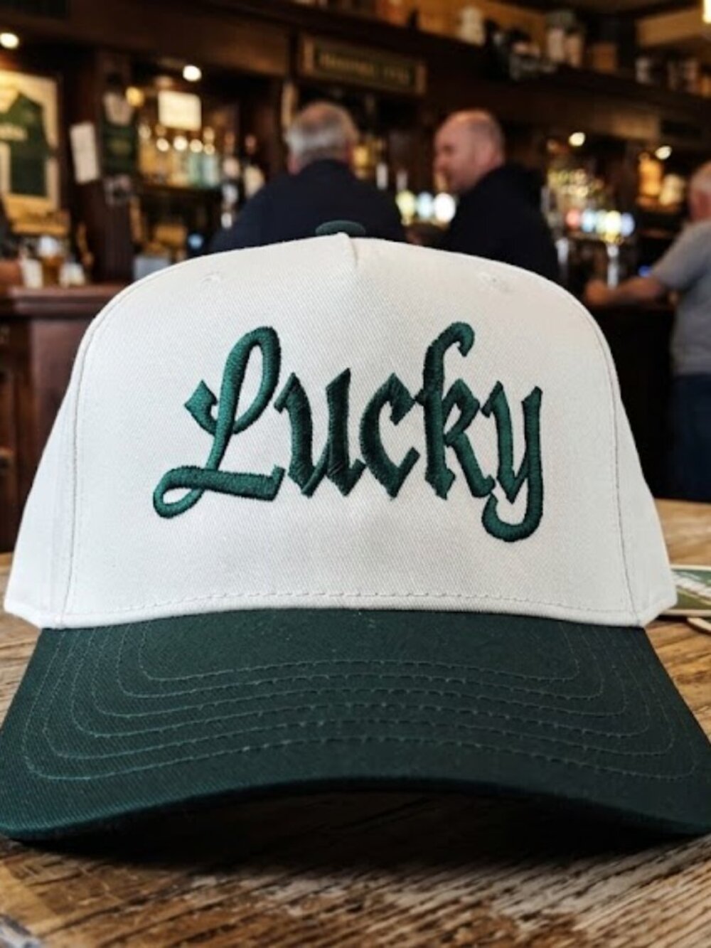 Vintage-Inspired Lucky Hat Script Direct Embroidered Cream Forest Green Cap OS